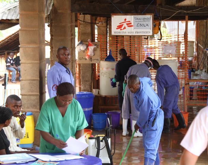 Clinical care nurses and water and sanitation staff preparing an Ebola treatment area in the Democratic Republic of Congo